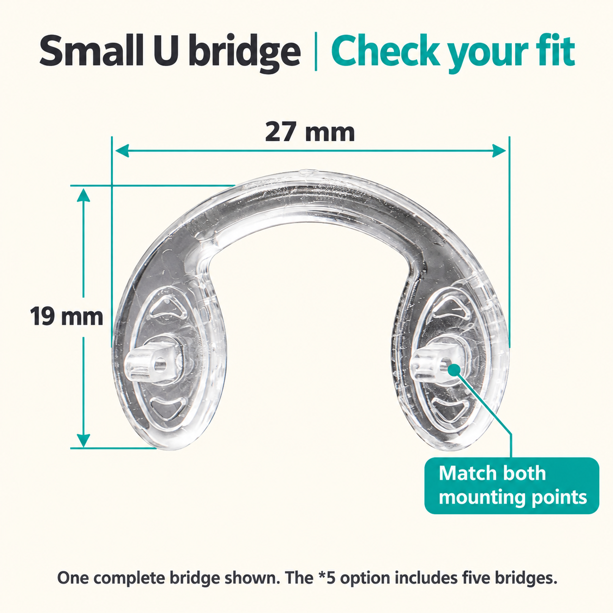 One pair of Small U Bridge parts showing 27 x 19 mm dimensions and Two screw mounting tabs; compare both points