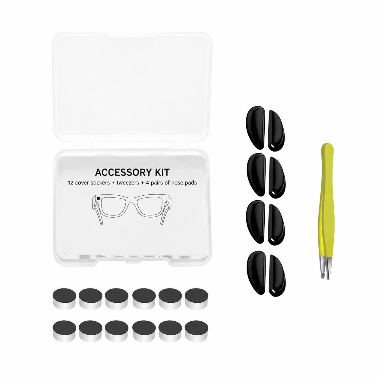 12 Covers + Tweezers + 4 Pairs Nose Pads accessory package; glasses not included