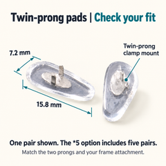One pair of Twin-Prong parts showing 15.8 x 7.2 mm dimensions and Twin-prong clamp / crimp-on