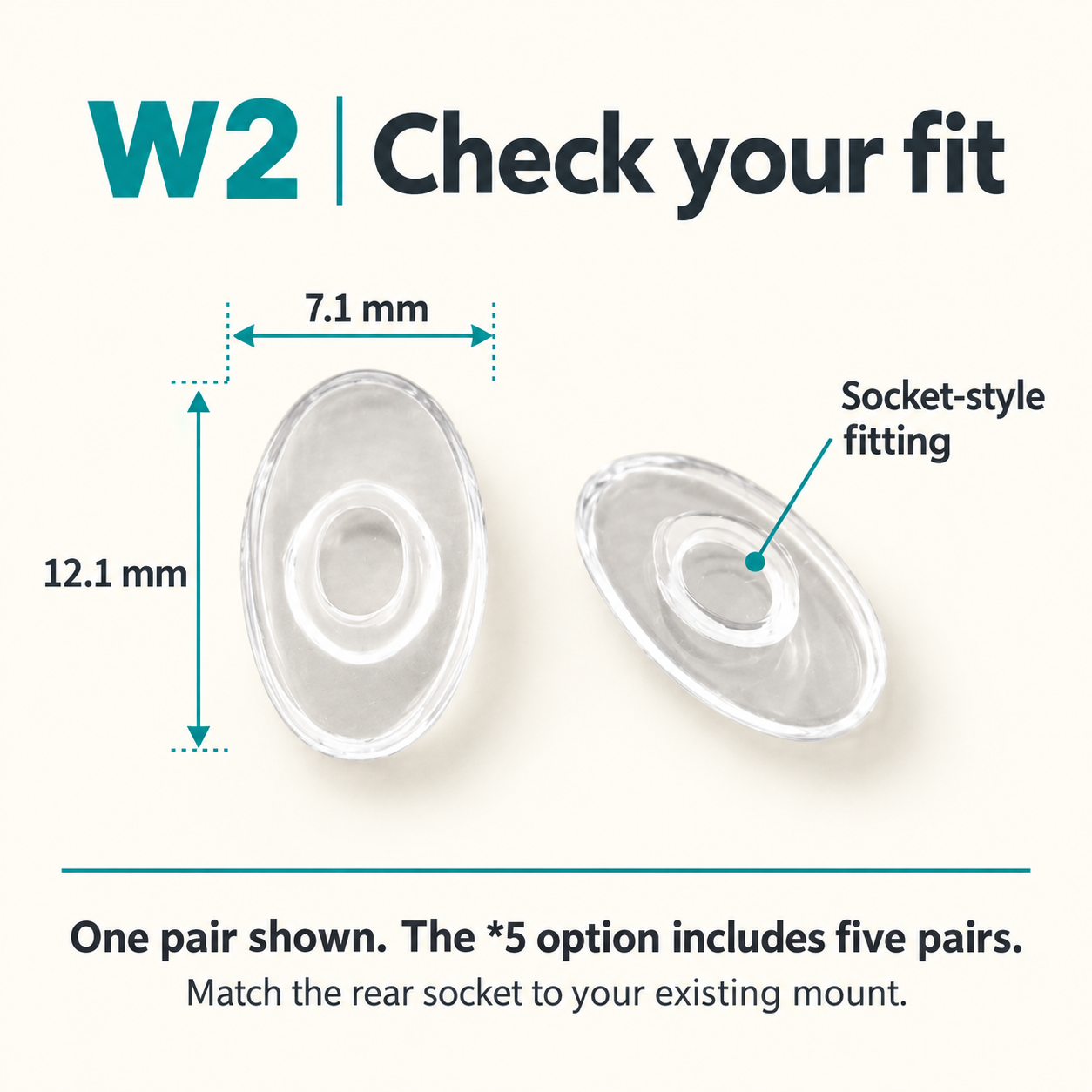 One pair of W2 parts showing 12.1 x 7.1 mm dimensions and Rear ring socket; physical mount comparison required