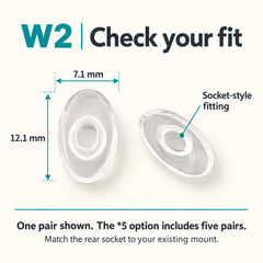 One pair of W2 parts showing 12.1 x 7.1 mm dimensions and Rear ring socket; physical mount comparison required